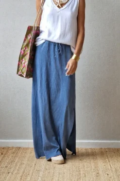 Falda larga de algodón con aberturas laterales azul jeans