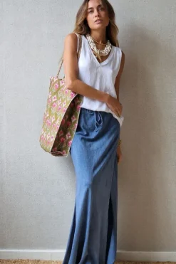 Falda larga de algodón con aberturas laterales azul jeans