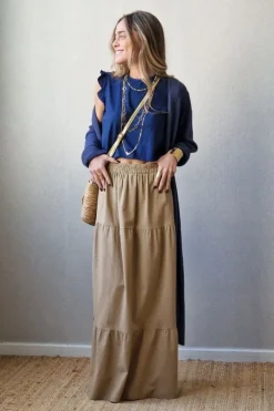 Falda larga de lino volantes camel