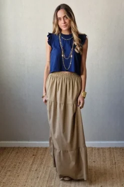 Falda larga de lino volantes camel