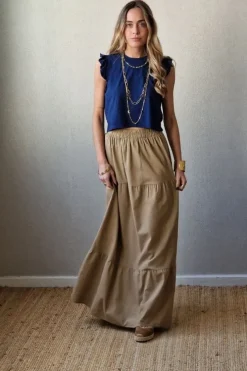 Falda larga de lino volantes camel