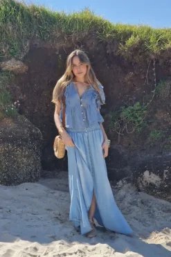 Falda larga denim azul claro