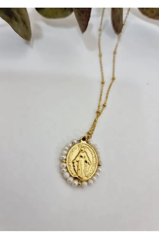 Gargantilla de acero blanca con la Medallita de la Milagrosa y piedras blancas
