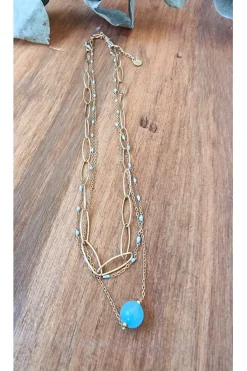 Gargantilla triple de acere dorado y piedras azules