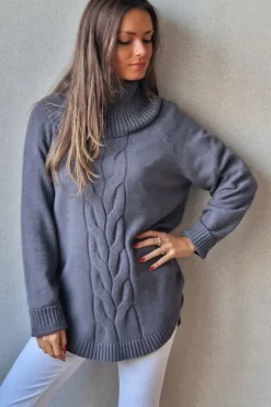 Jersey cuello cisne con con trenza gris