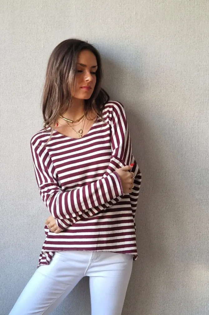 Jersey de rayas fino blanco y granate