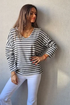 Jersey de rayas fino blanco y gris