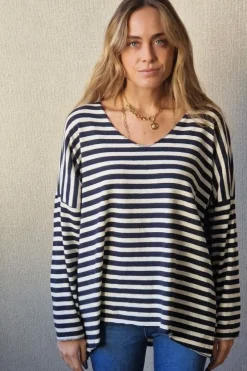 Jersey de rayas fino blanco y azul marino
