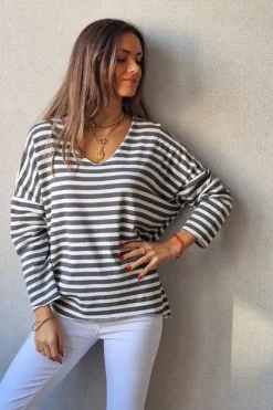 Jersey de rayas fino blanco y gris