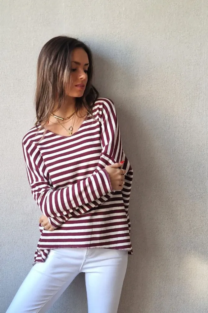 Jersey de rayas fino blanco y granate