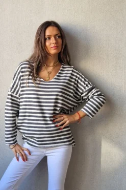 Jersey de rayas fino blanco y gris