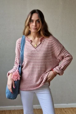 Jersey de rayas punto frío rosa