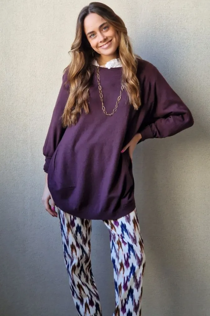 Jersey oversize con botones berenjena