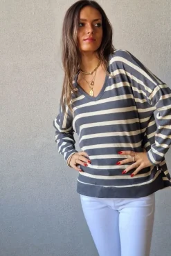 Jersey rayas doradas de punto fino gris