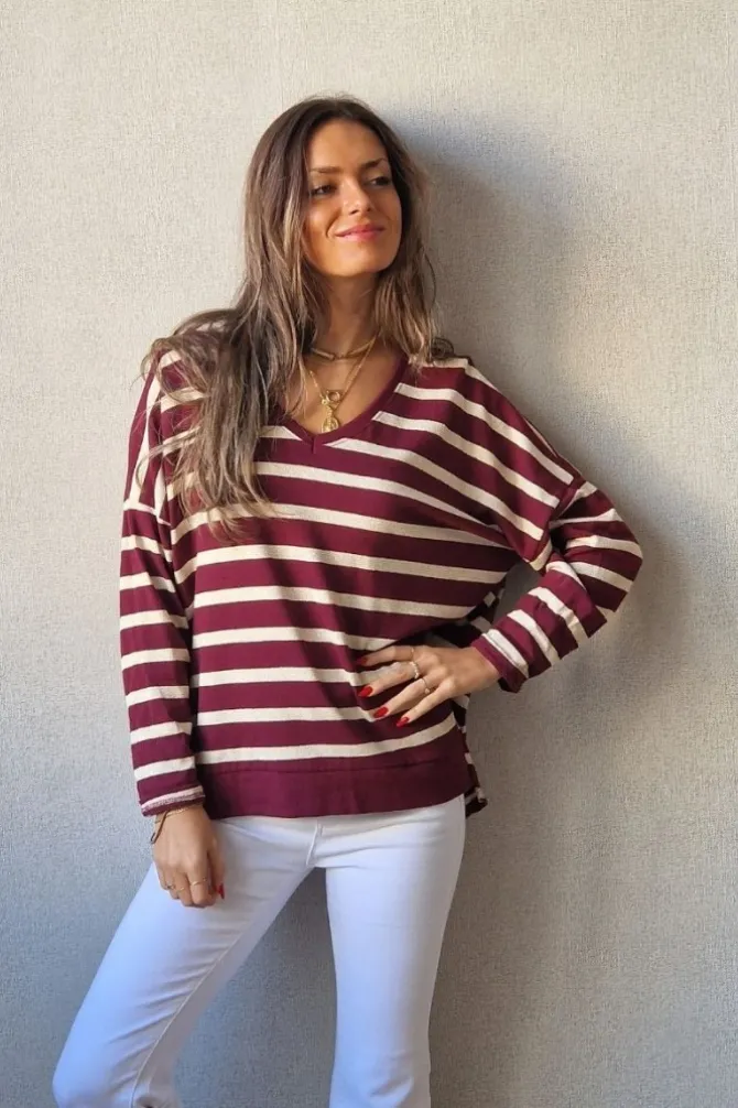Jersey rayas doradas de punto fino granate