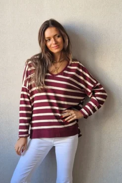 Jersey rayas doradas de punto fino granate