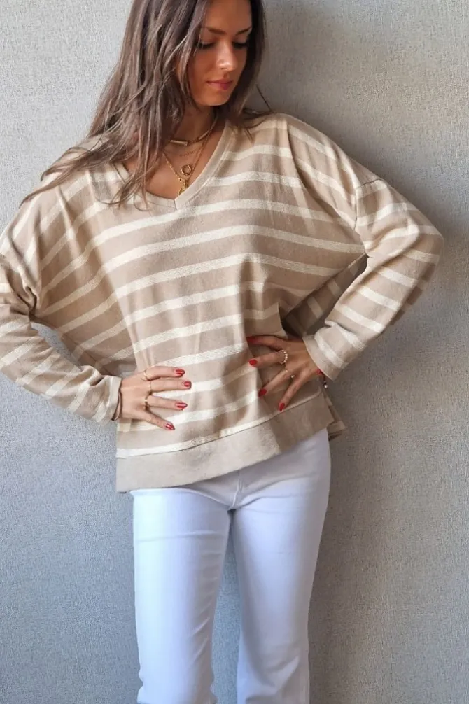 Jersey rayas doradas de punto fino camel
