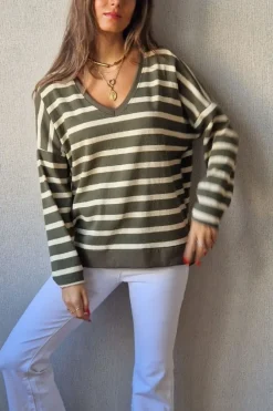 Jersey rayas doradas de punto fino verde militar