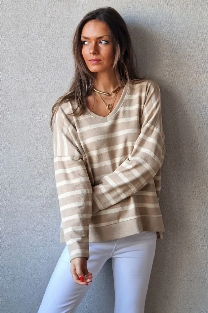 Jersey rayas doradas de punto fino camel
