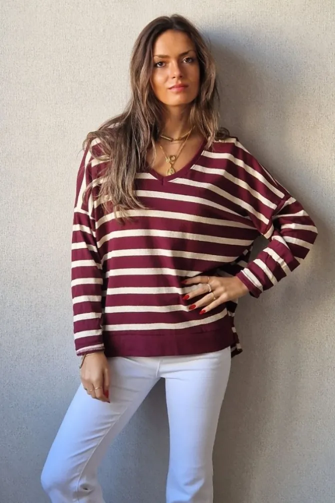 Jersey rayas doradas de punto fino granate