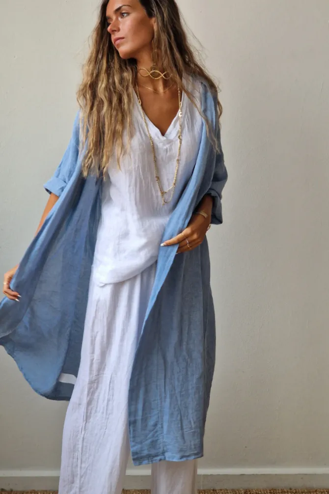 Kimono azul tipo lino con manga tres cuartos