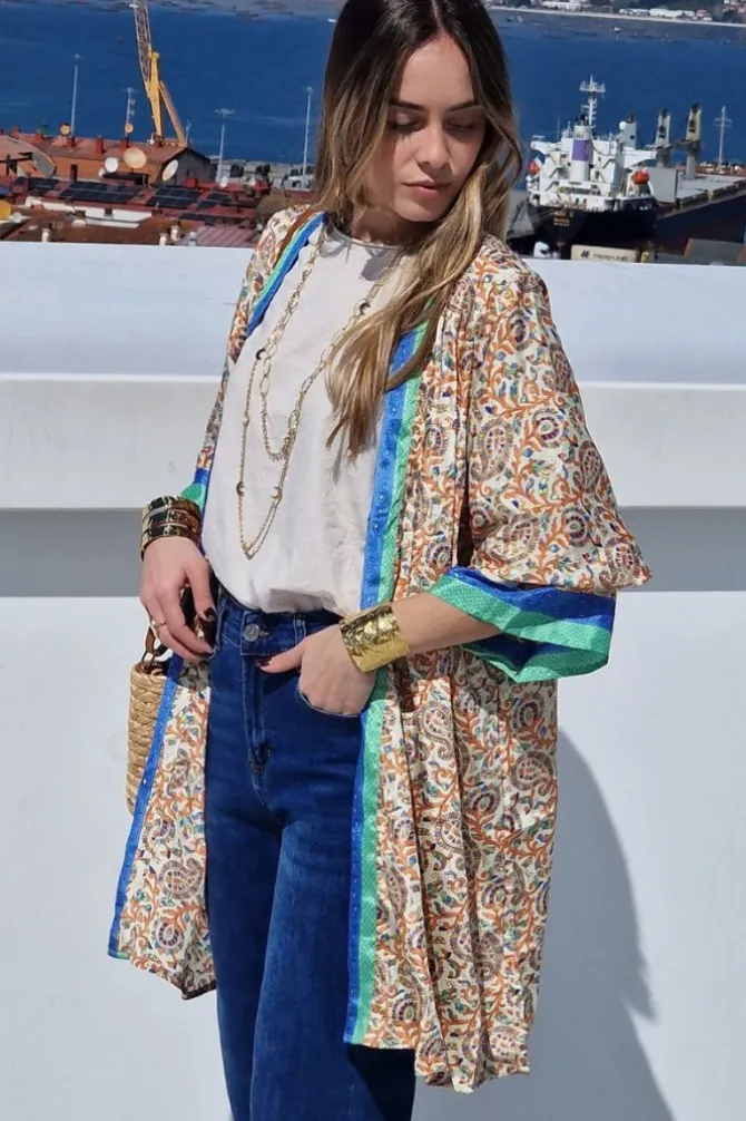 Kimono estampado beige y verde