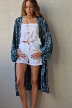 Kimono largo estampado azul marino-azul