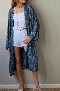 Kimono largo estampado azul marino-azul