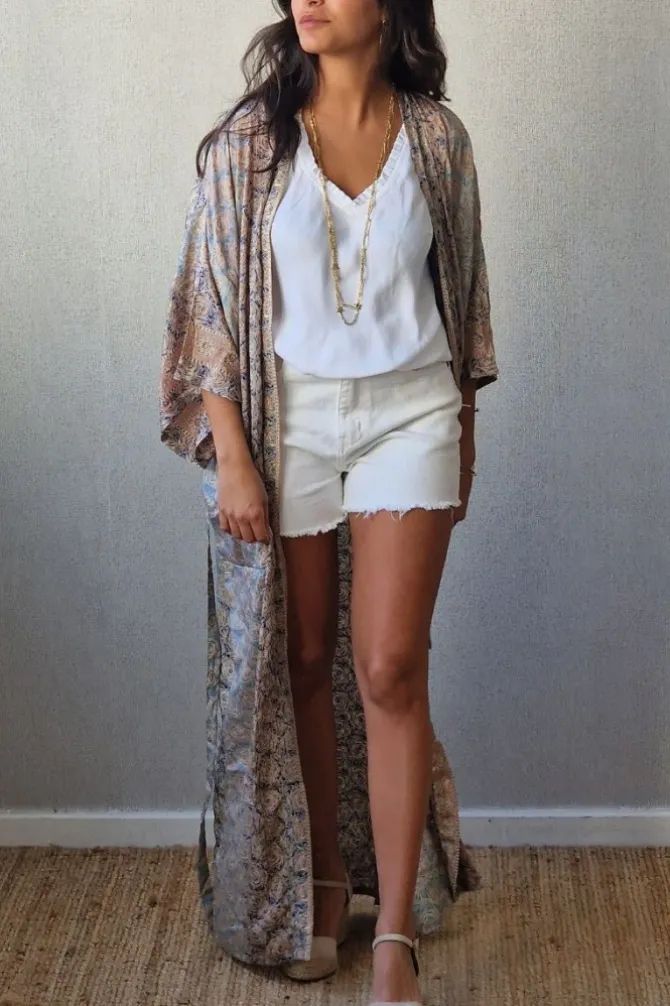 Kimono largo estampado marino y azul-beige