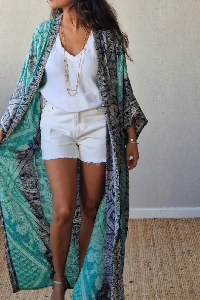 Kimono largo estampado marino y verde