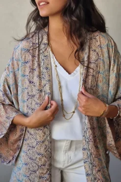 Kimono largo estampado marino y azul-beige