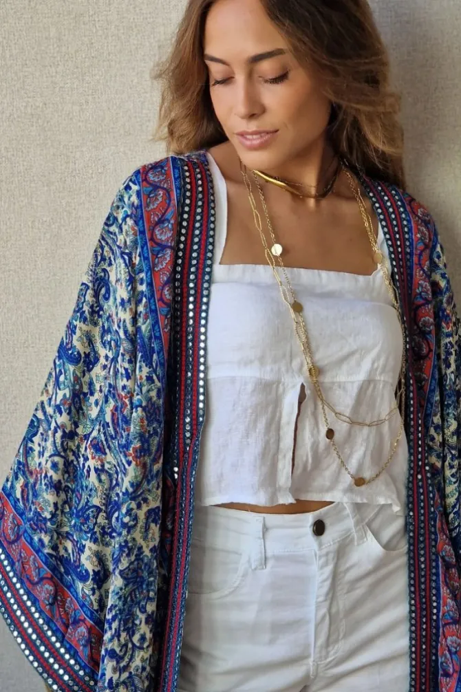 Kimono largo estampado rematado con espejitos tonos azules