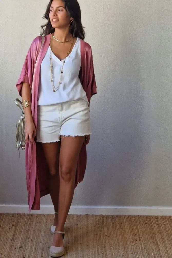 Kimono largo tipo raso rosa