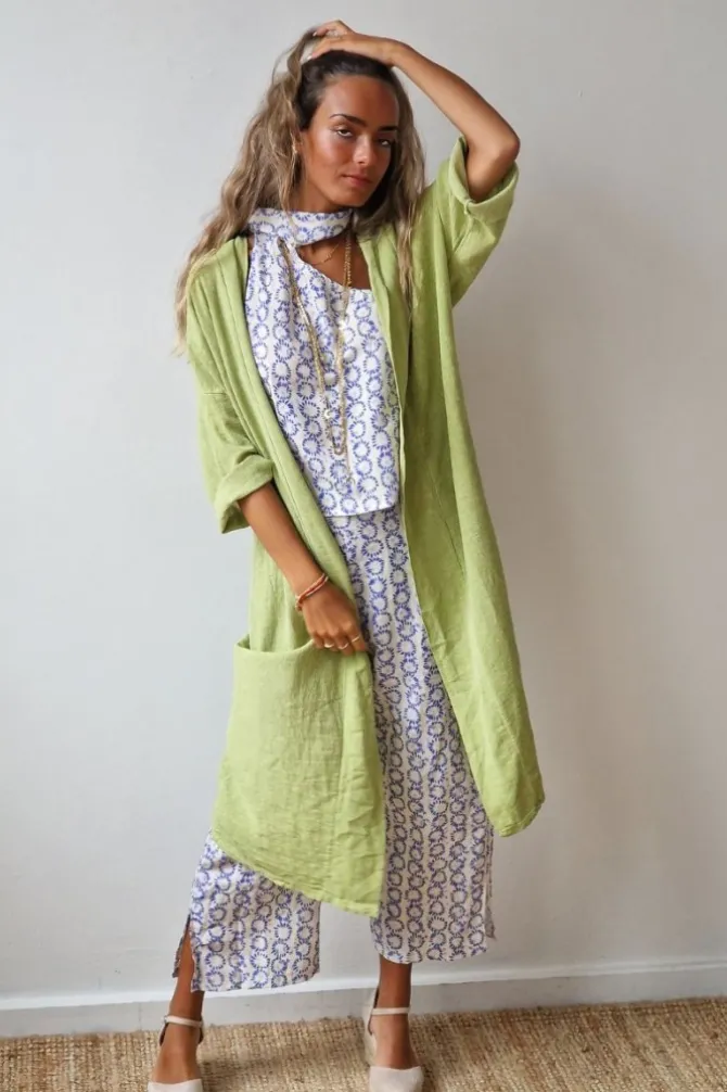 Kimono pistacho tipo lino con manga tres cuartos
