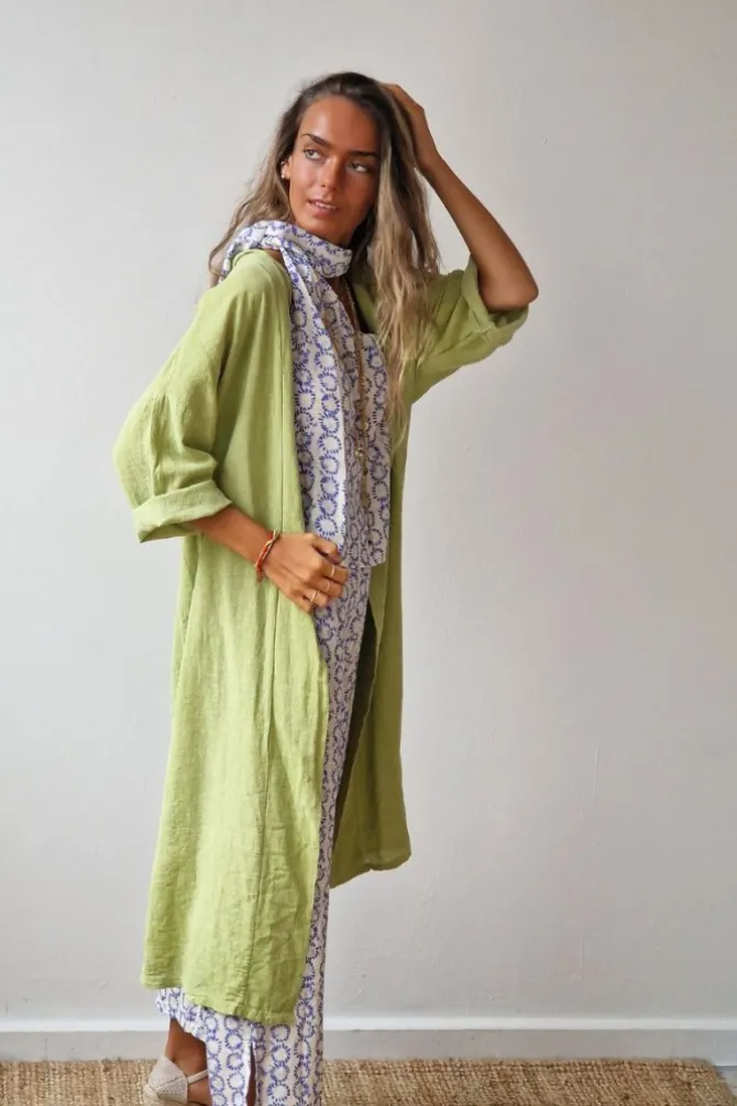 Kimono pistacho tipo lino con manga tres cuartos