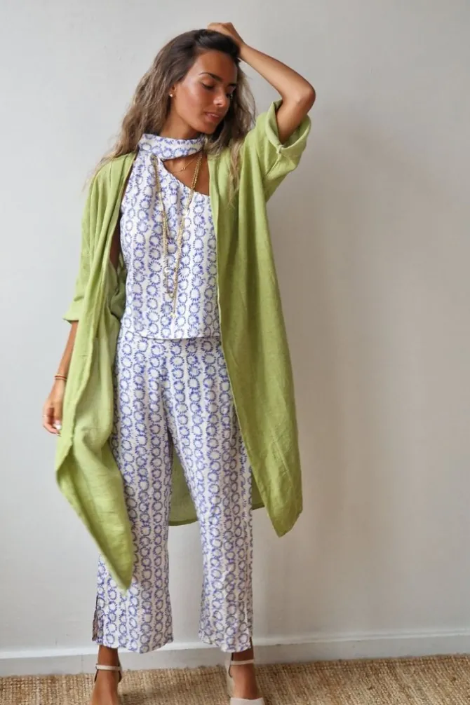 Kimono pistacho tipo lino con manga tres cuartos