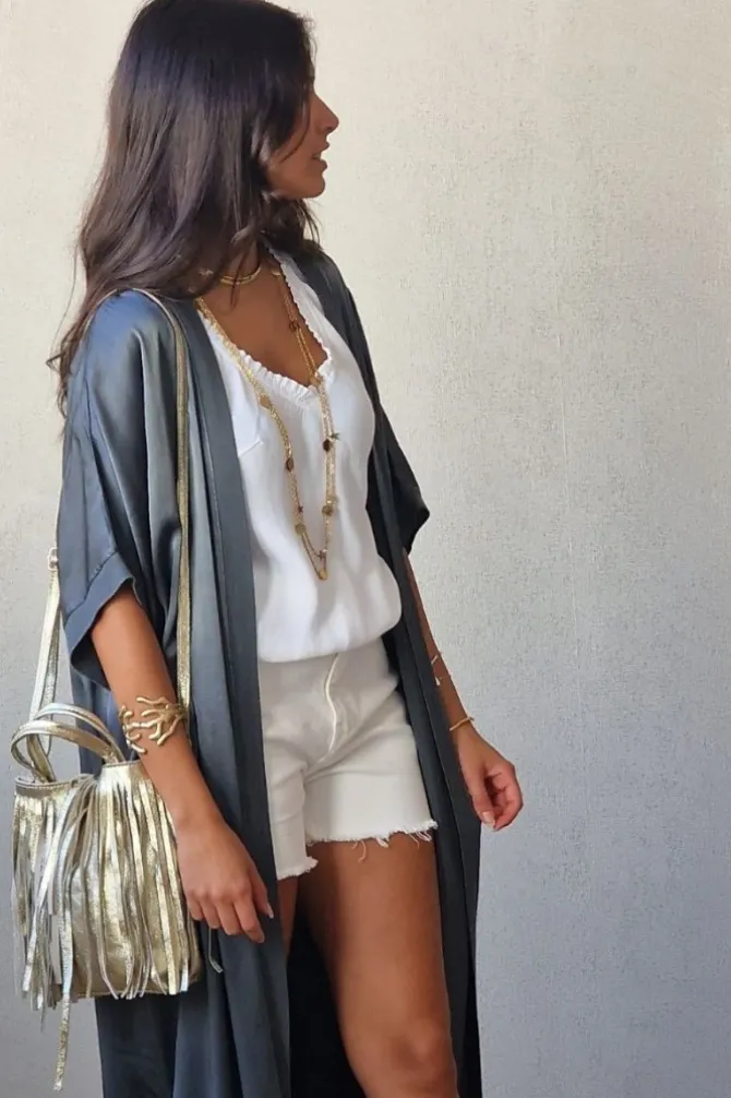 Kimono tipo raso gris