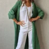 Kimono verde tipo lino con manga tres cuartos