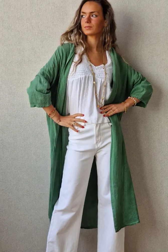Kimono verde tipo lino con manga tres cuartos