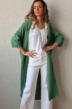 Kimono verde tipo lino con manga tres cuartos