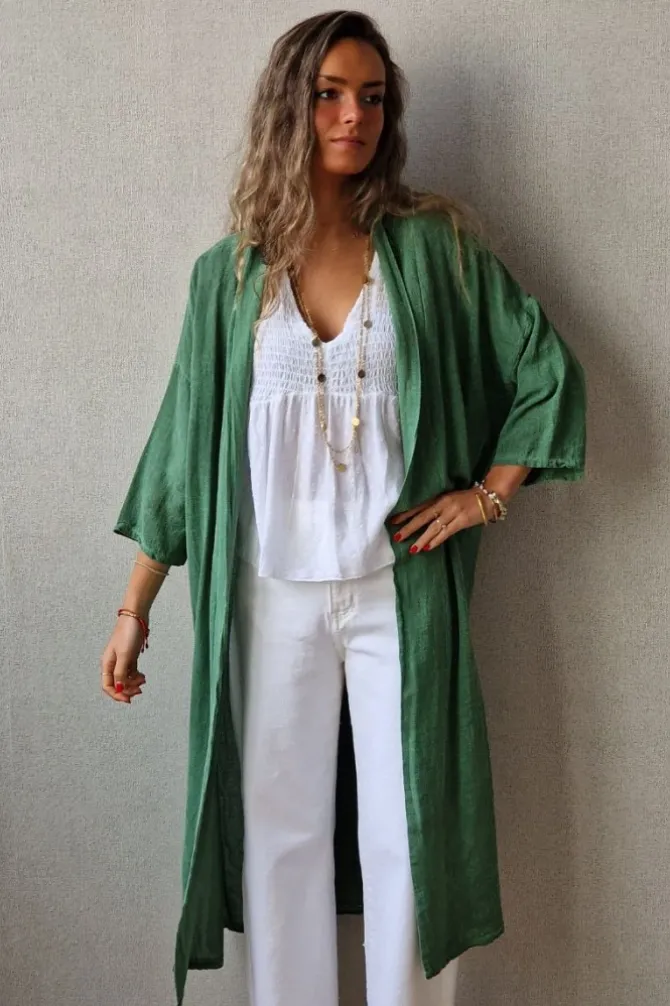 Kimono verde tipo lino con manga tres cuartos