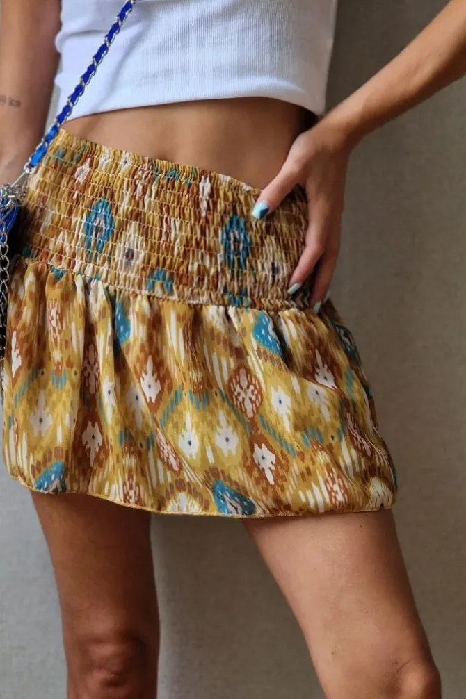 Minifalda pantalón ikat mostaza y azul