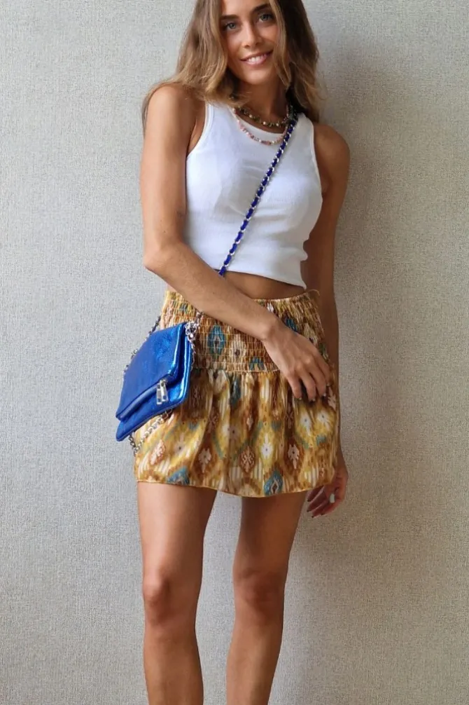 Minifalda pantalón ikat mostaza y azul