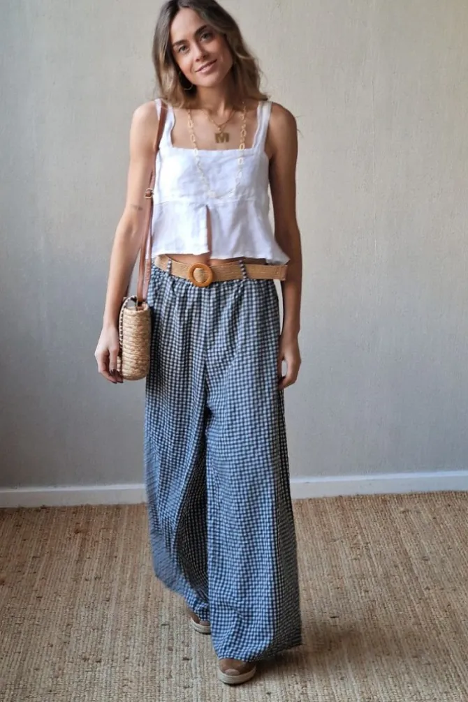 Pantalón con gomas de vichy gris