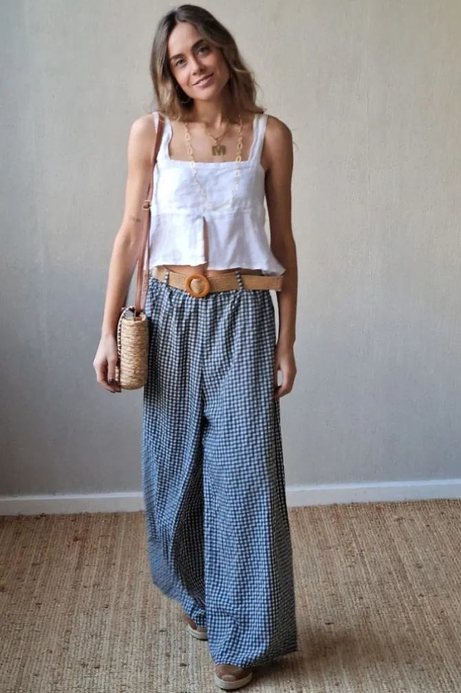 Pantalón con gomas de vichy gris