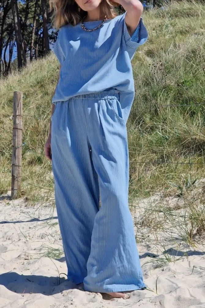 Pantalón denim rayas azul