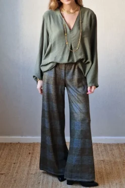 Pantalón palazzo de cuadros verde con azul