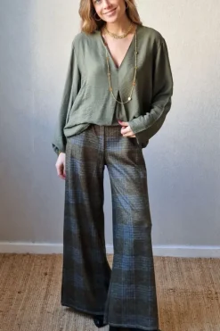 Pantalón palazzo de cuadros verde con azul