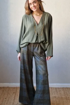 Pantalón palazzo de cuadros verde con azul