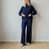 Pantalón recto de punto azul marino